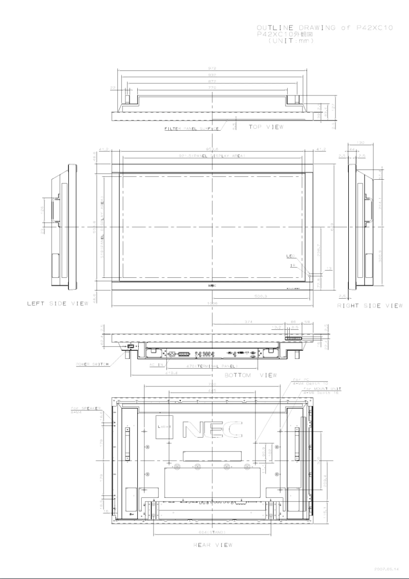 Page 1 de la notice Dessin technique NEC PlasmaSync 42XC10