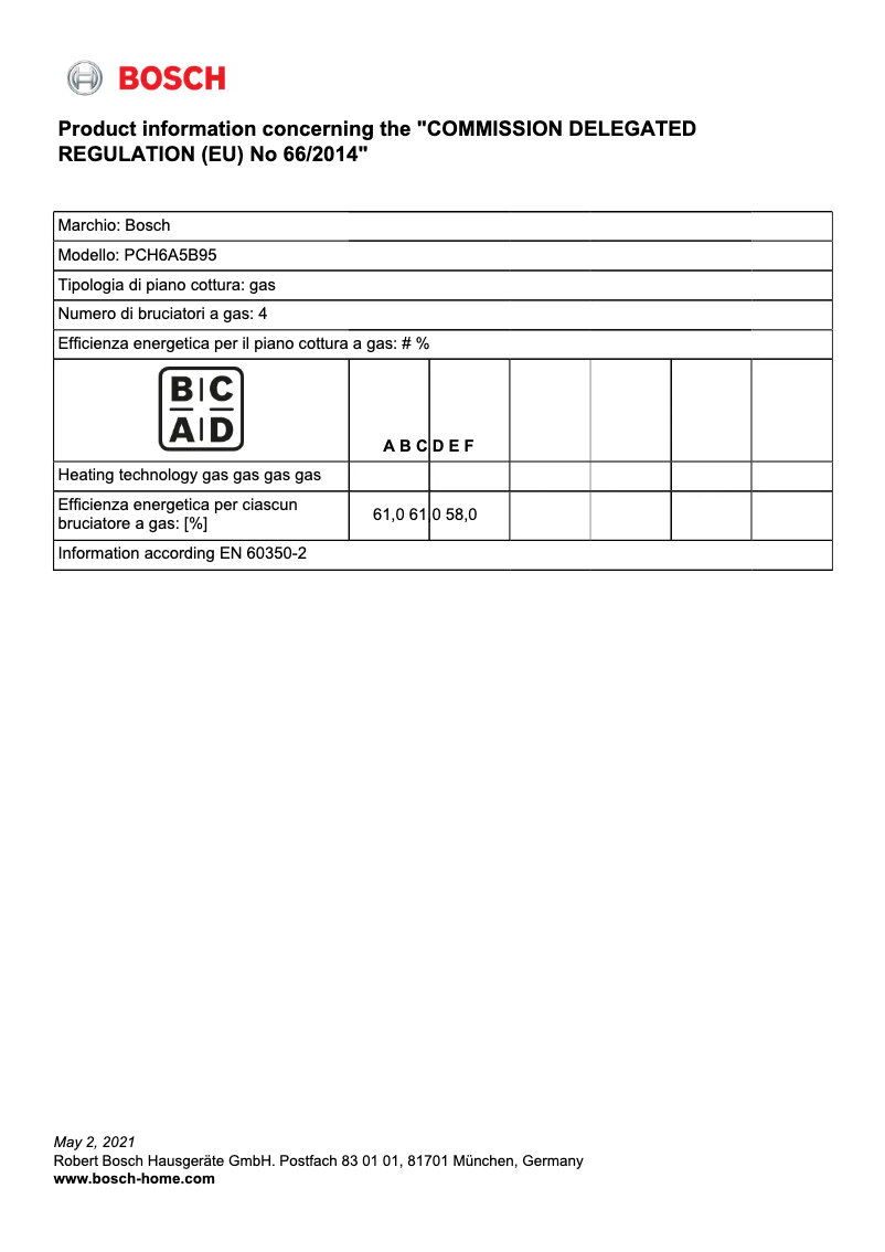 Page 1 of the manual Technical Sheet Bosch PCH6A5B95