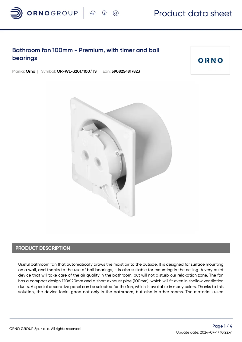 Page 1 of the manual Technical Sheet ORNO OR-WL-3201/100/TS