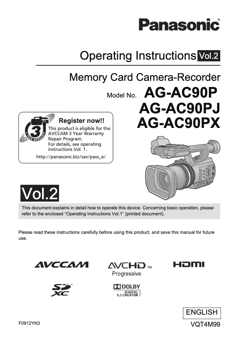 First page image of the manual for AG-AC90P