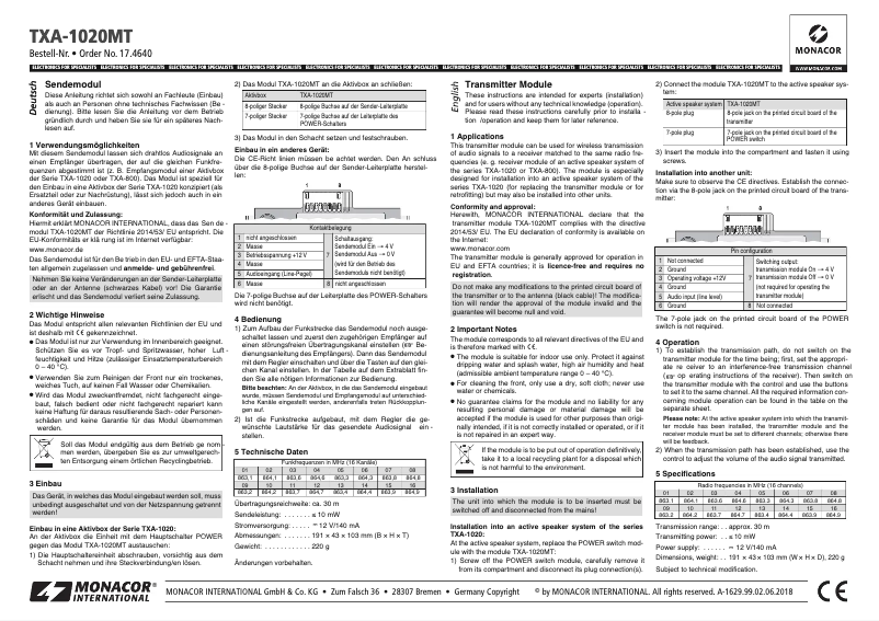 First page image of the manual for TXA-1020MT