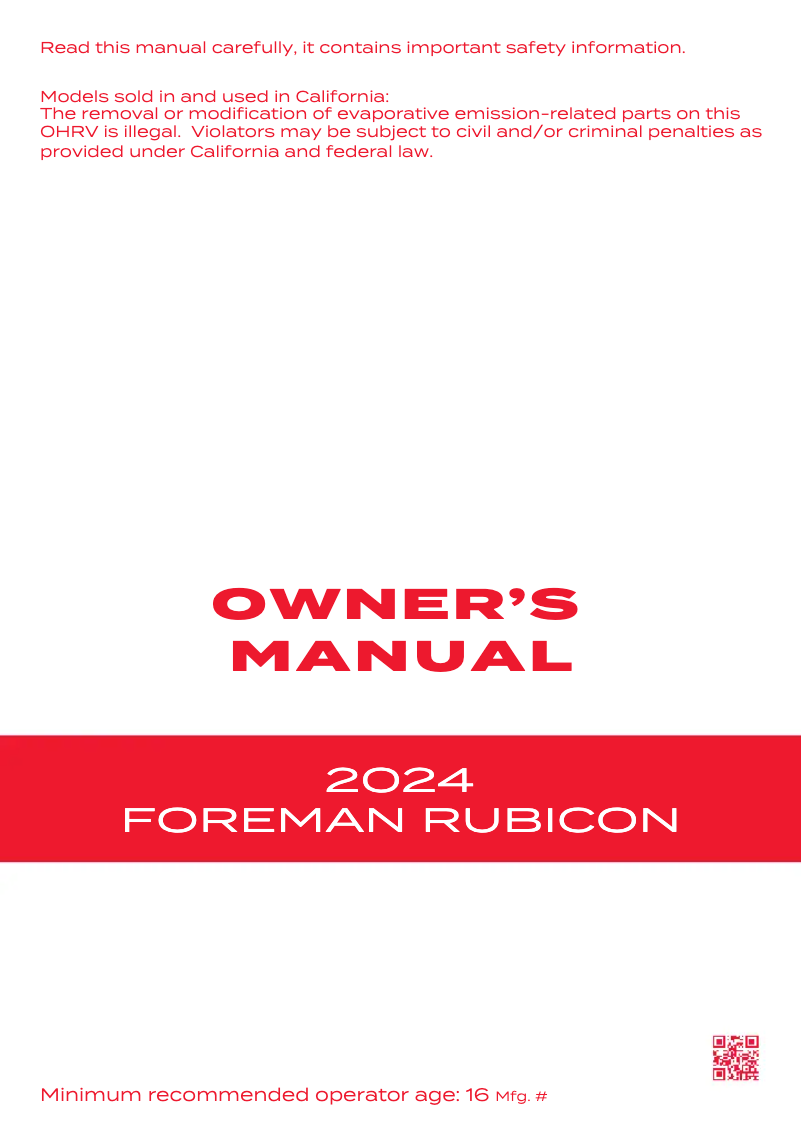 First page image of the manual for Foreman Rubicon (2024)