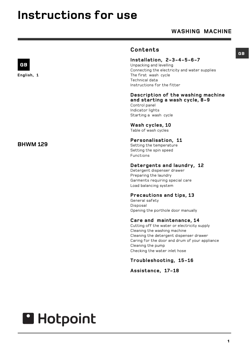 Page 1 of the manual User Manual Hotpoint BHWM129