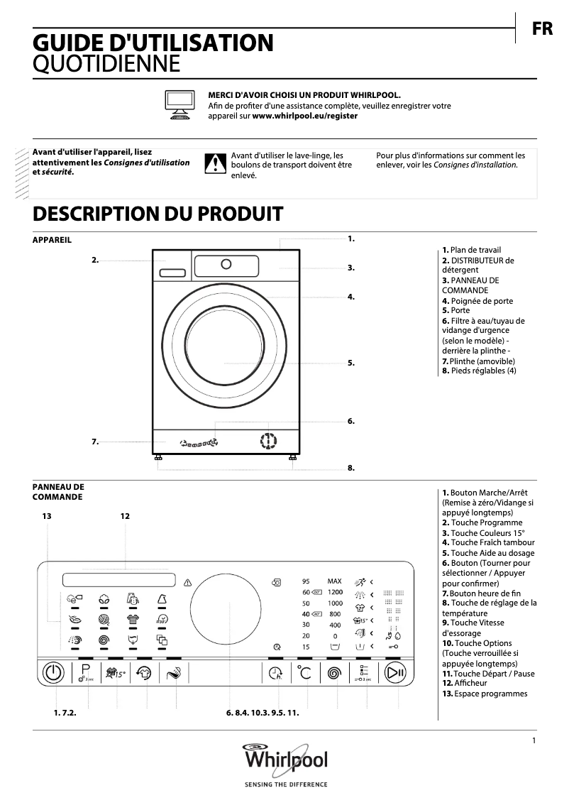 Page 1 of the manual User Manual Whirlpool ZEN FSCR70421