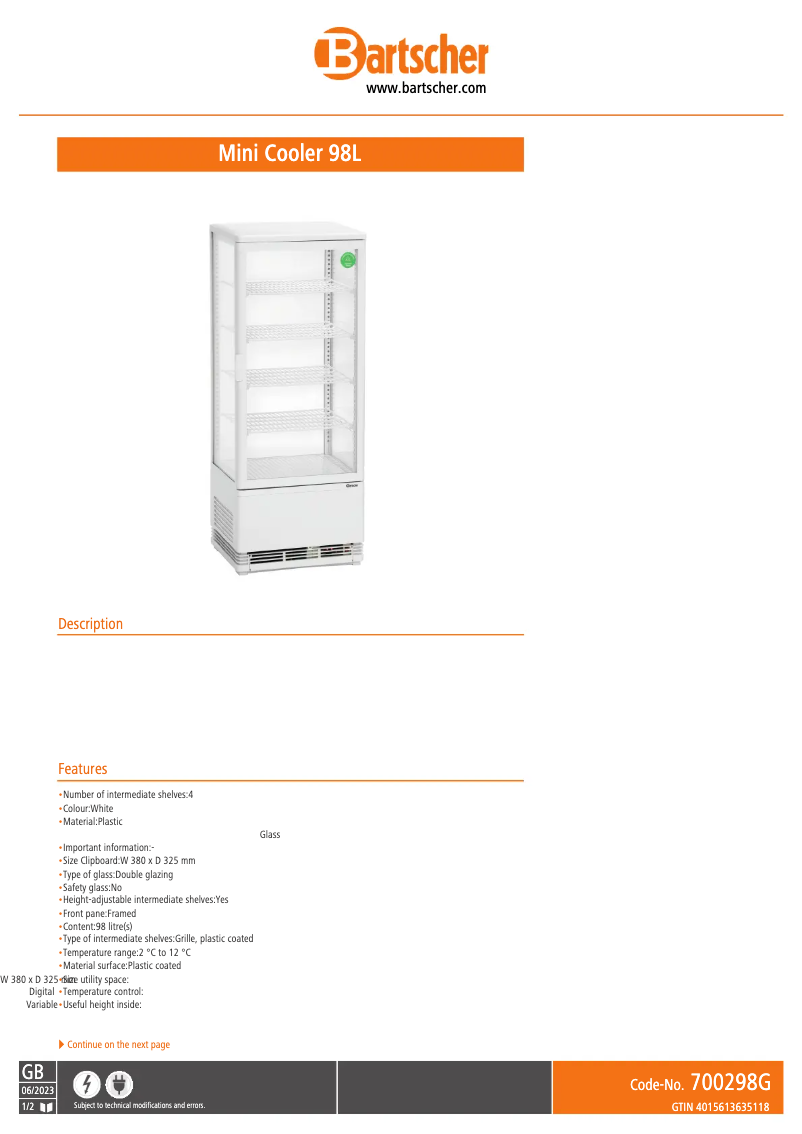 Page 1 of the manual Technical Sheet Bartscher 700298G