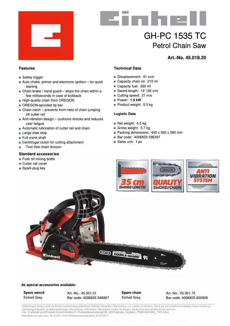 Page 1 of the manual Technical Sheet Einhell GH-PC 1535 TC