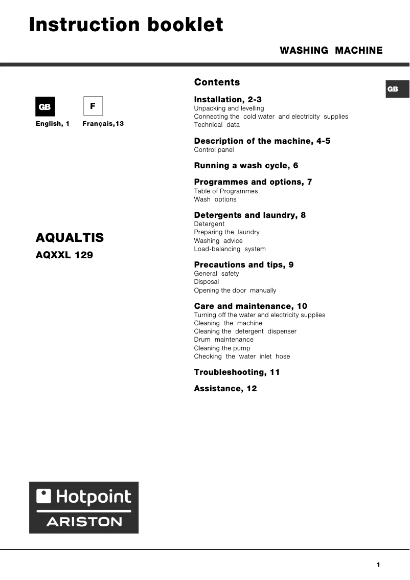 First page image of the manual for AQXXL 129
