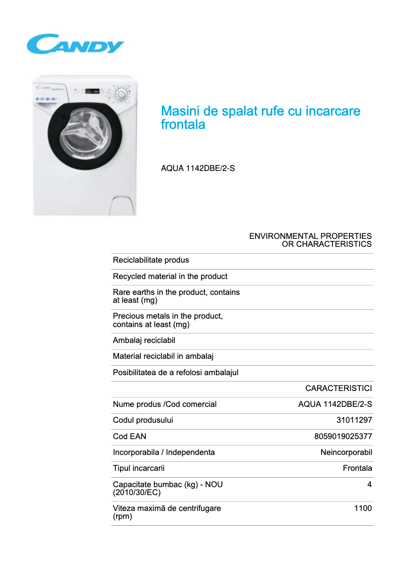 Page 1 of the manual Technical Sheet Candy AQUA 1142DBE/2-S
