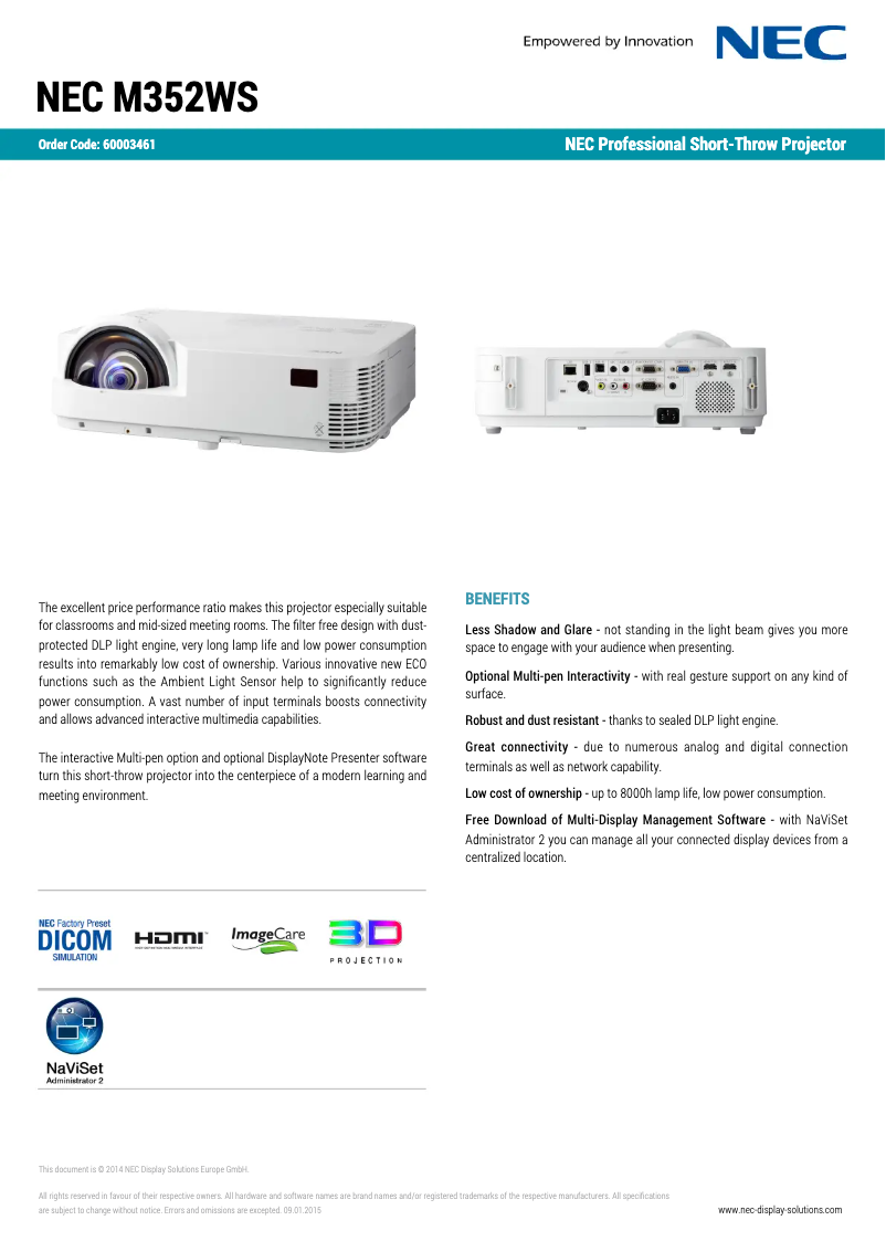 Page 1 of the manual Technical Sheet NEC M352WS