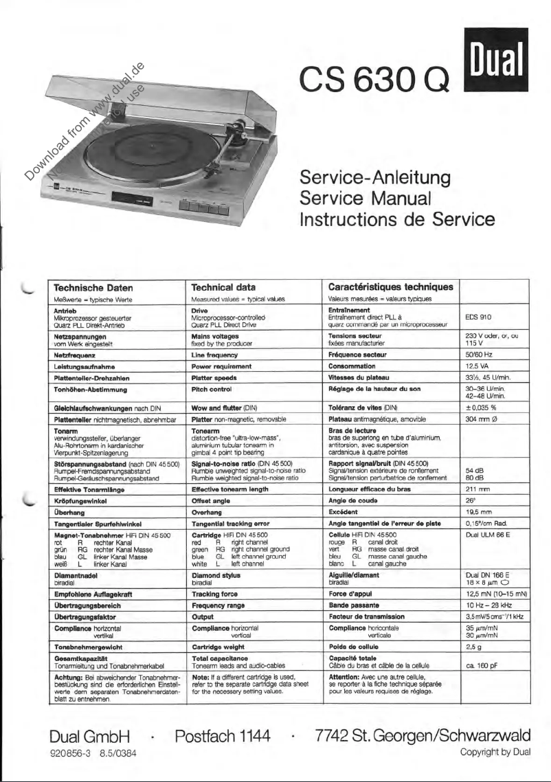 First page image of the manual for CS 630 Q