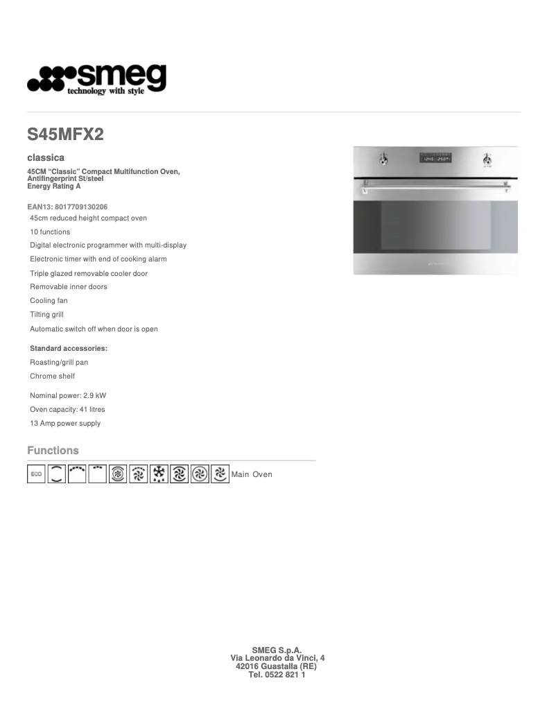 Page 1 of the manual Technical Sheet Smeg S45MFX2