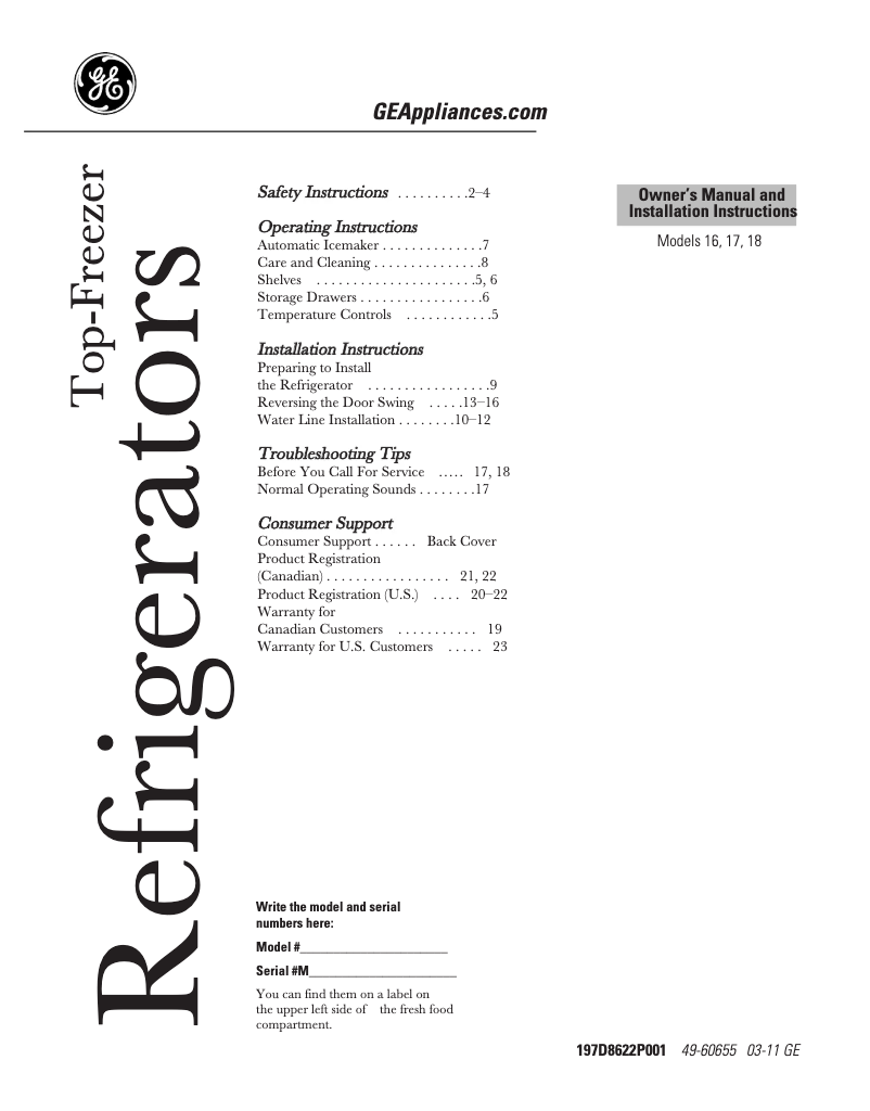 Page 1 of the manual Installation Guide GE GTH18CCCRCC