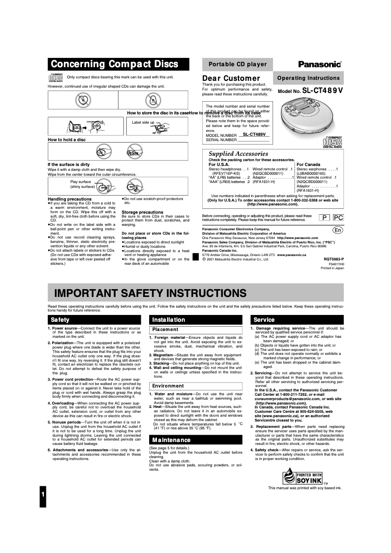 Page 1 of the manual User Manual Panasonic SL-CT489V