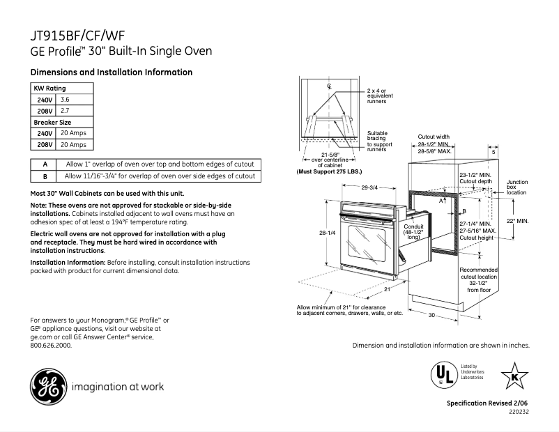 Page 1 of the manual Technical Sheet GE JT915CFCC