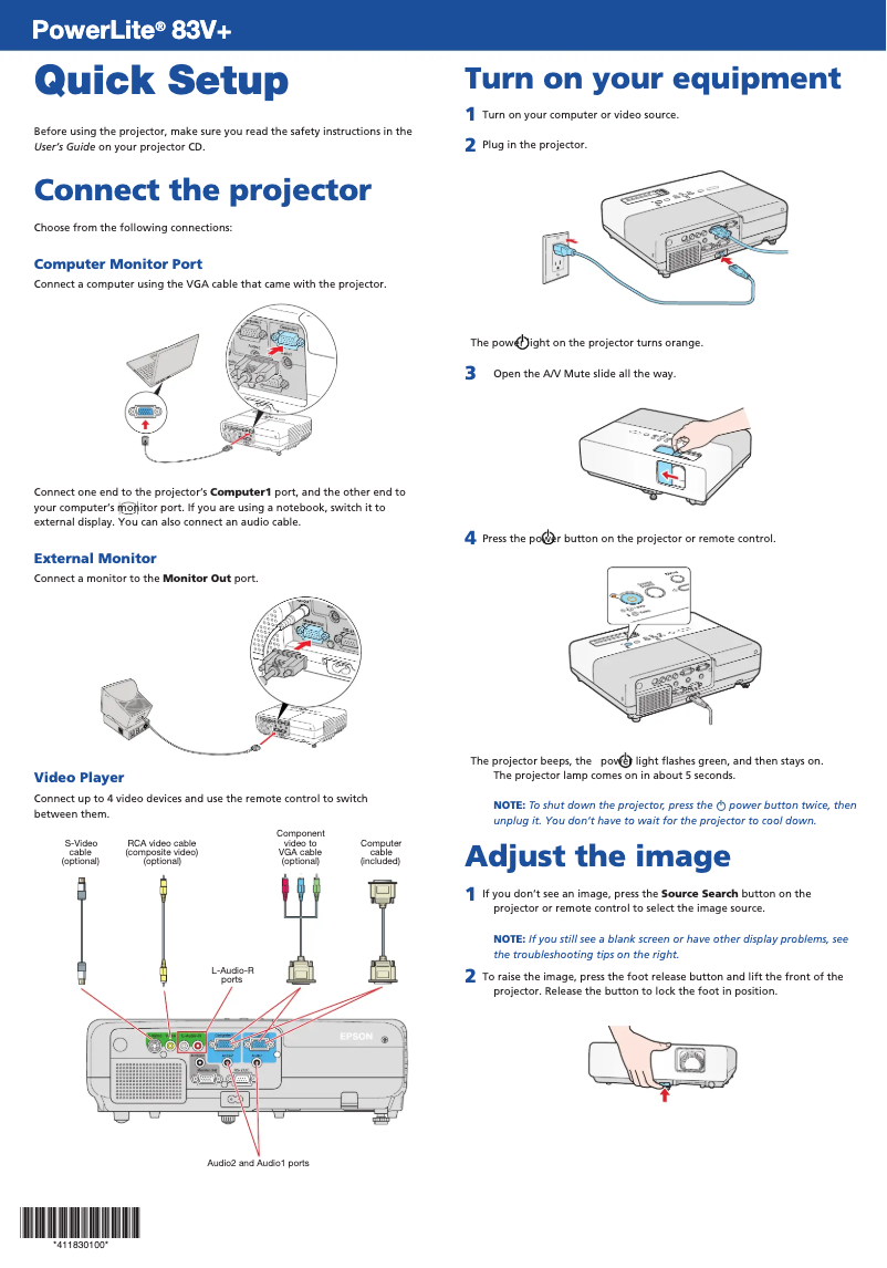 Image de la première page du manuel de l'appareil PowerLite 83V+