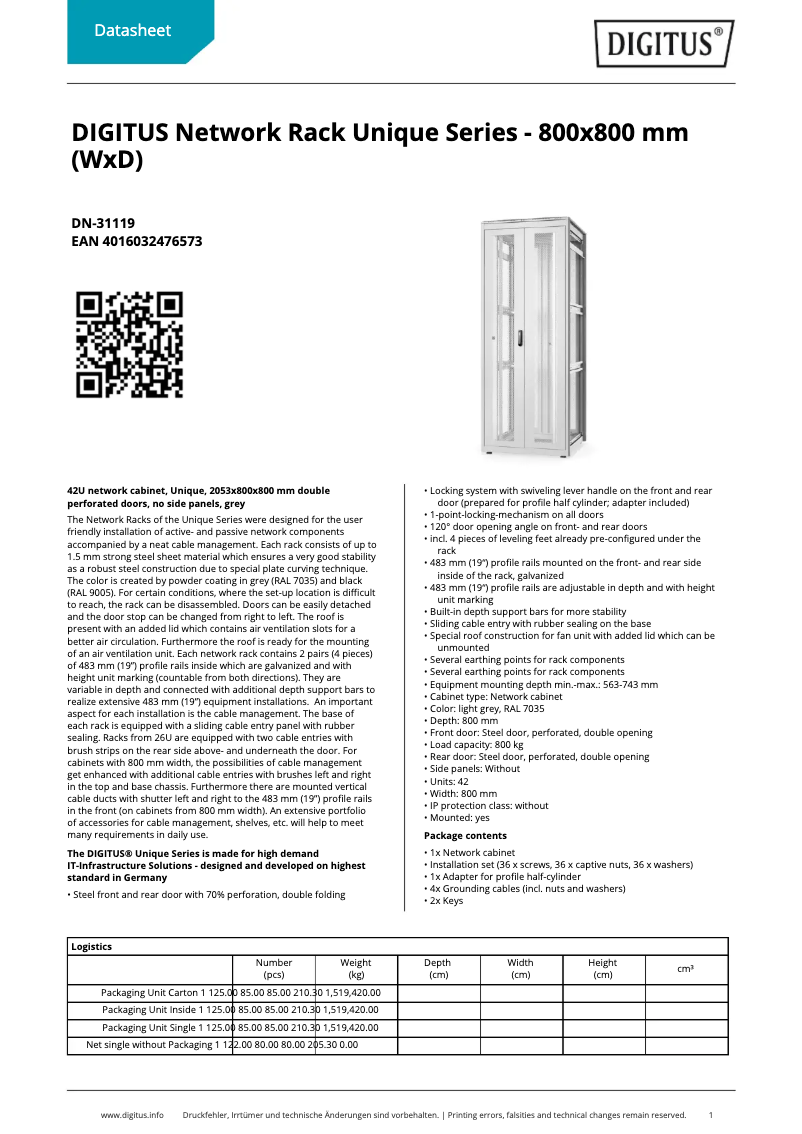 Page 1 of the manual Technical Sheet Digitus DN-31119