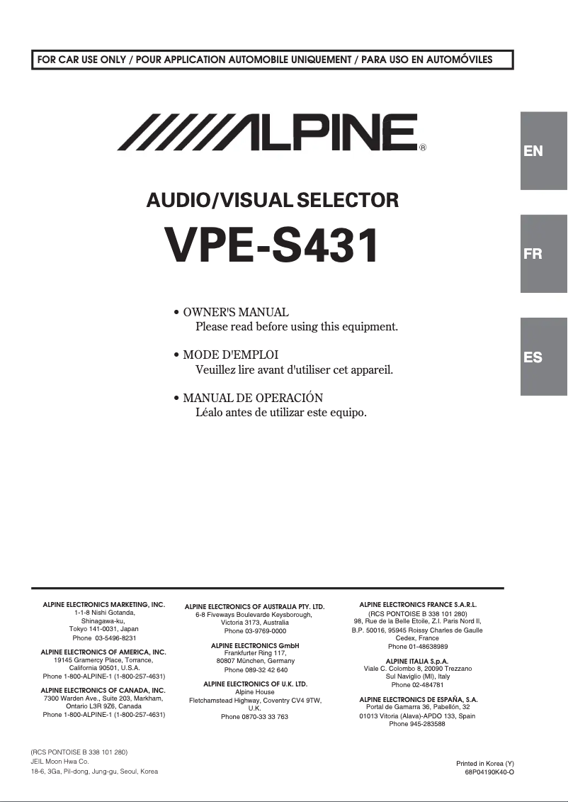 Page 1 of the manual User Manual Alpine VPE-S431