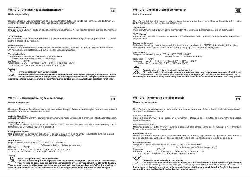 First page image of the manual for WS 1010