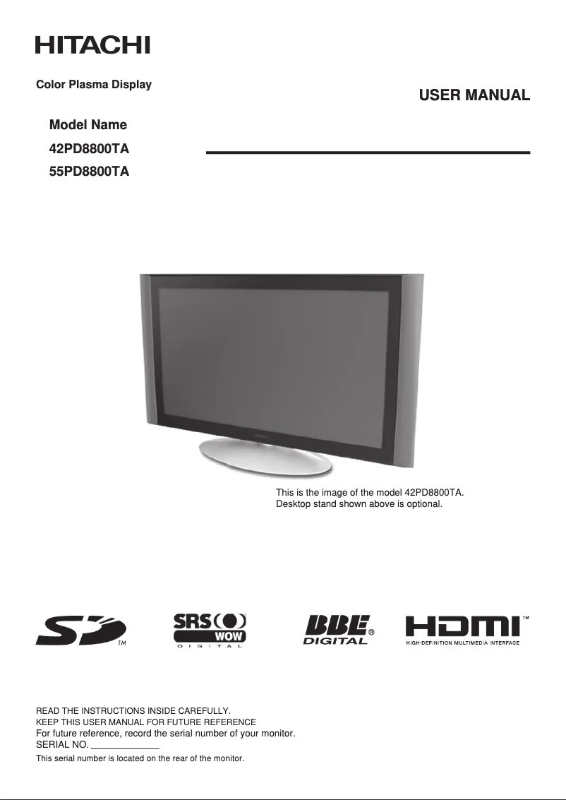 Page 1 of the manual User Manual Hitachi 42PD8800