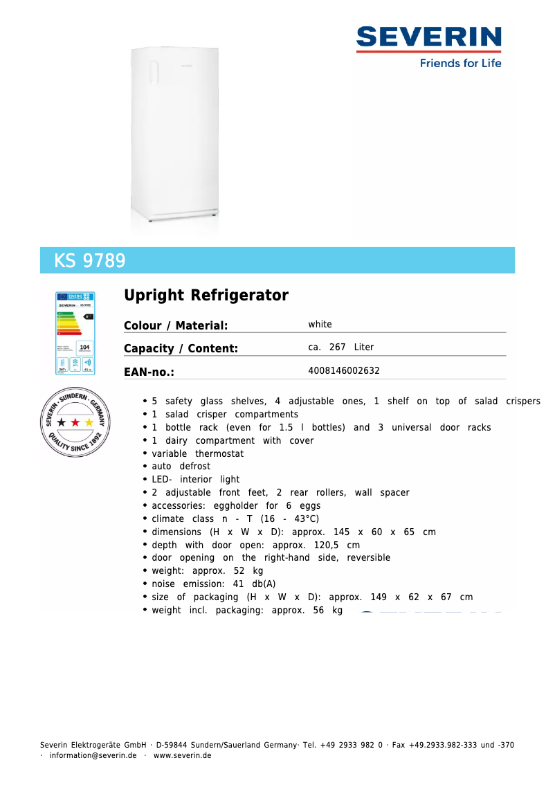 Page 1 of the manual Technical Sheet Severin KS 9789