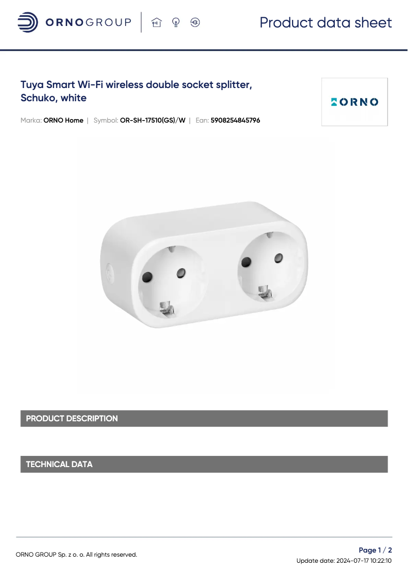 Page 1 de la notice Fiche technique ORNO OR-SH-17510