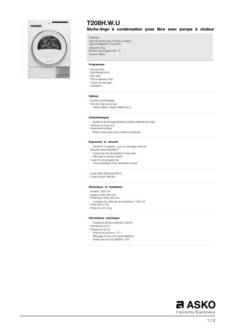 Page 1 of the manual Technical Sheet Asko T208H.W.U