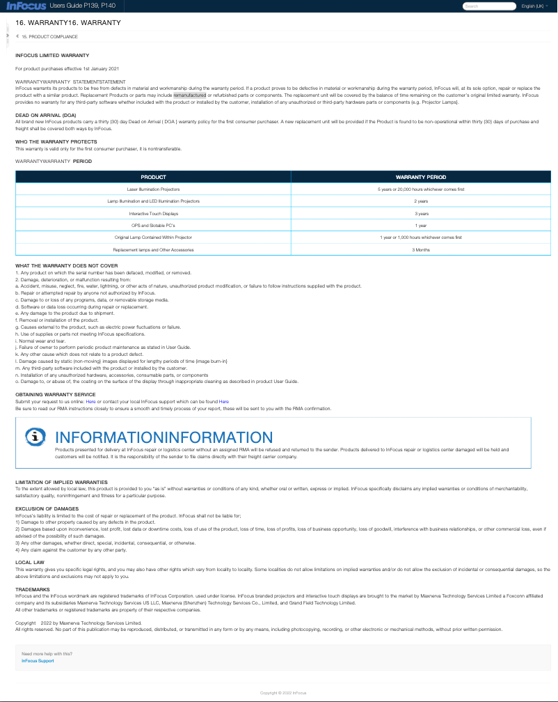 Page 1 of the manual Warranty Information InFocus Genesis IN114AA