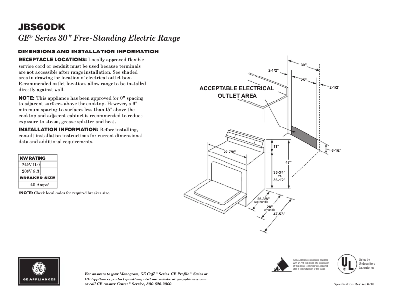 Page 1 of the manual Technical Sheet GE JBS60DKWW