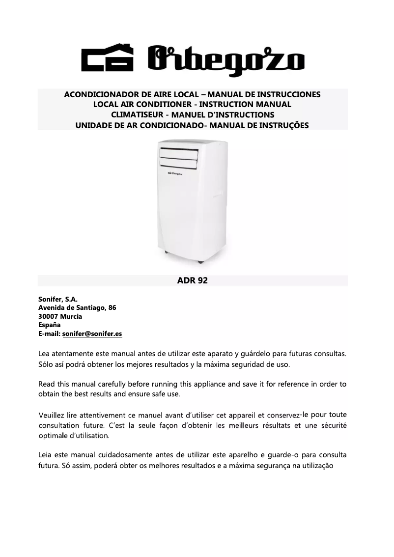 Page 1 de la notice Manuel utilisateur Orbegozo ADR92
