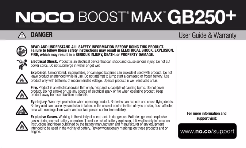 Page 1 de la notice Manuel utilisateur NOCO Genius Boost Max GB250+
