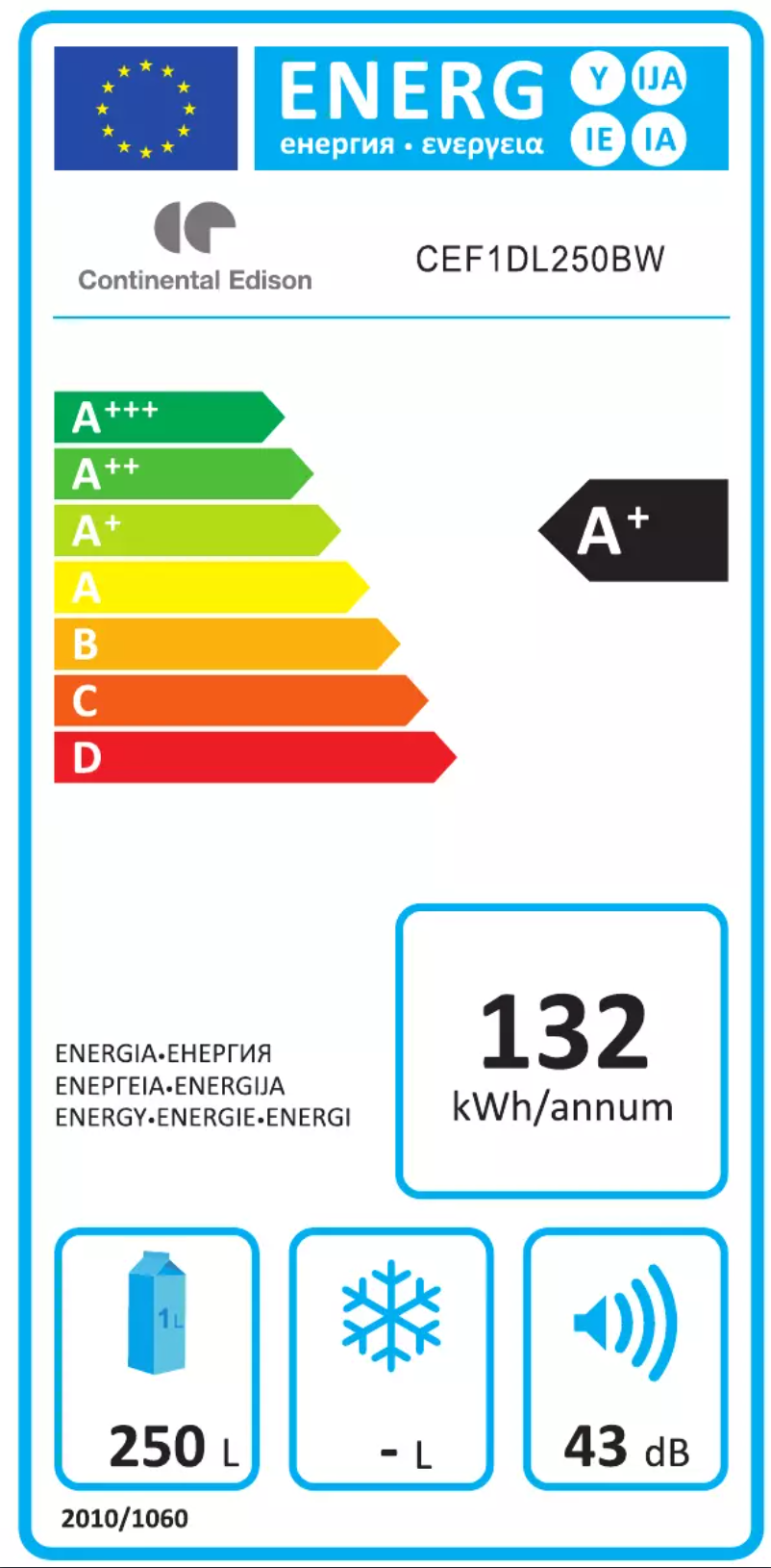 Page 1 of the manual Energy Label Continental Edison CEF1DL250BS