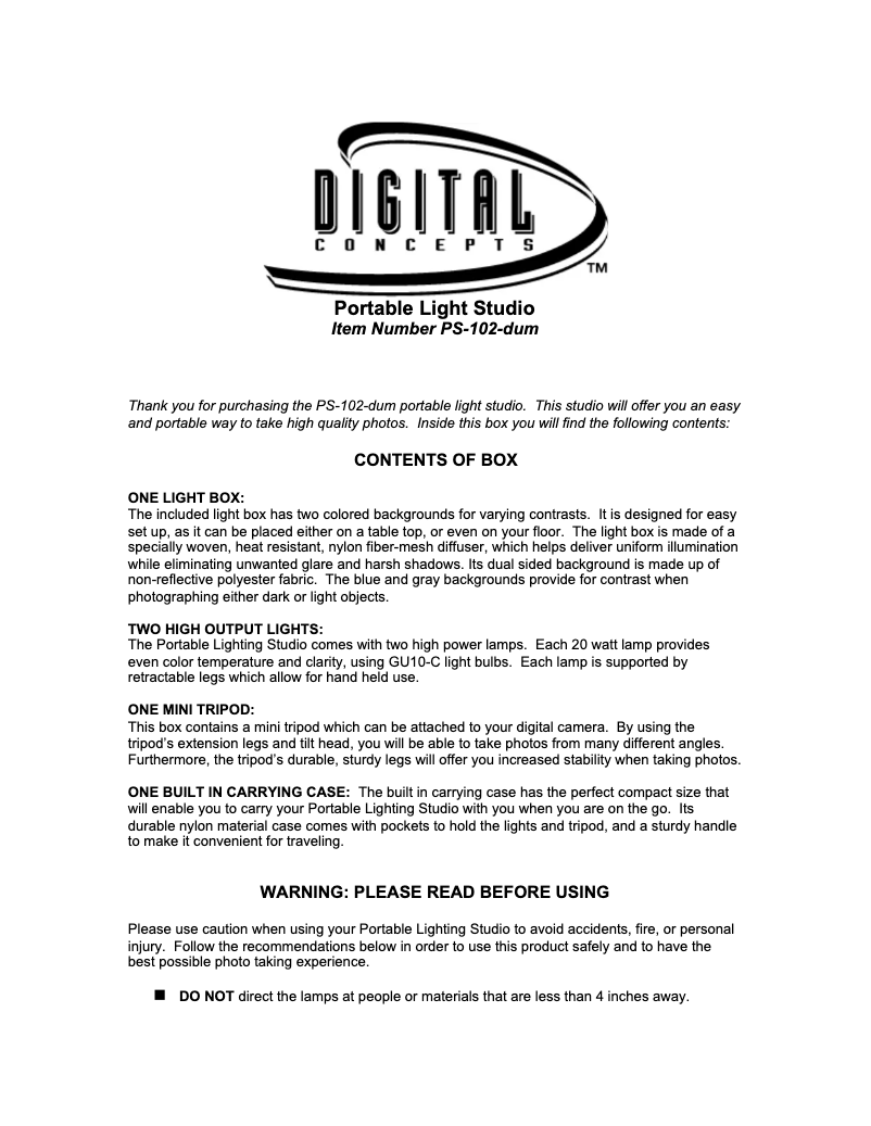 Page 1 de la notice Manuel utilisateur Sakar PS-102-DUM