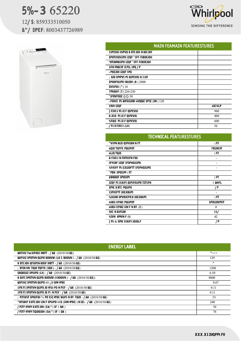 Page 1 of the manual Technical Sheet Whirlpool TDLR 65220