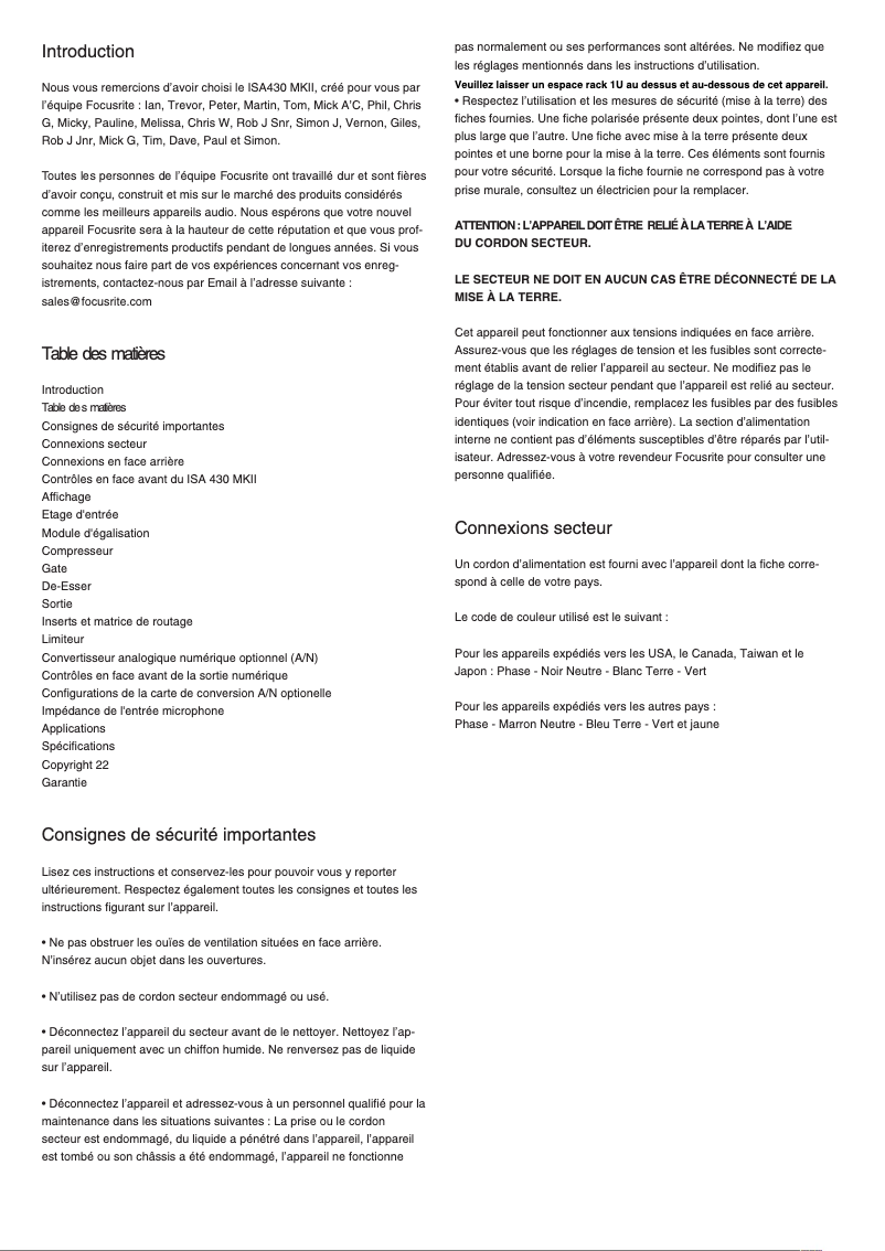 Page 1 de la notice Manuel utilisateur Focusrite ISA 430 MKII