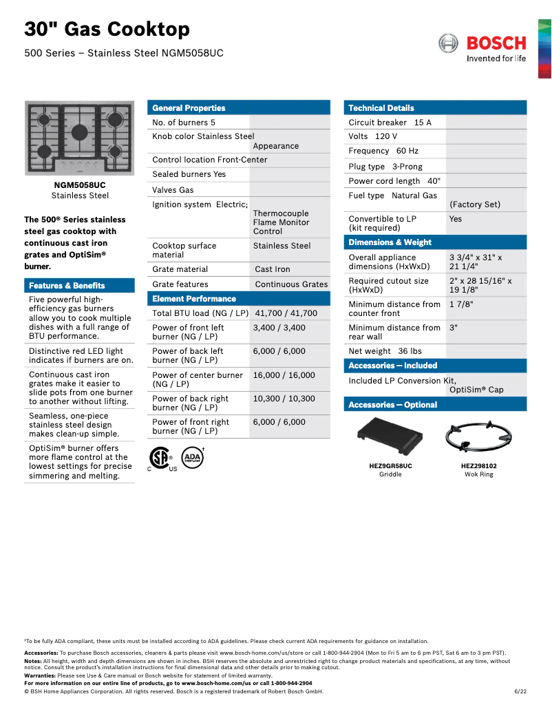Page 1 of the manual Technical Sheet Bosch NGM5058UC