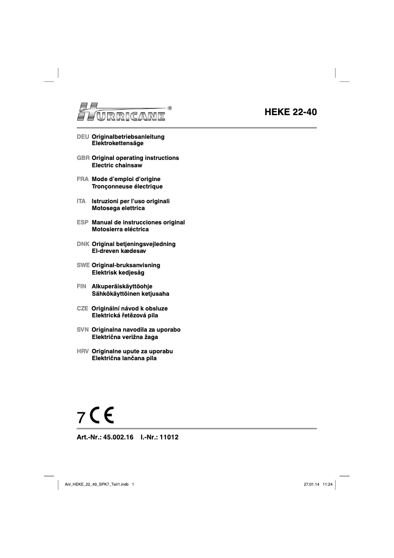 Page 1 of the manual User Manual Hurricane HEKE 22-40