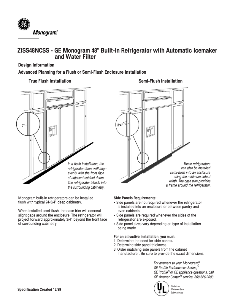 Page 1 of the manual Technical Sheet GE ZISS48NCSS
