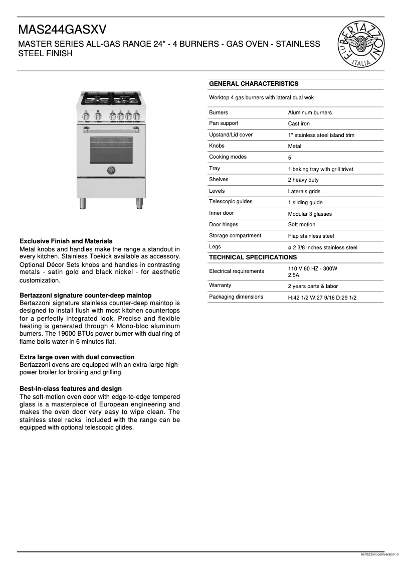 Page 1 of the manual Technical Sheet Bertazzoni MAS244GASXV