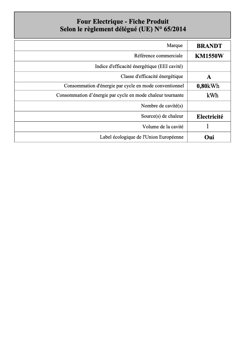 Page 1 de la notice Manuel utilisateur Brandt KM1550W