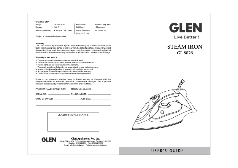 Page 1 of the manual User Manual Glen GL 8026