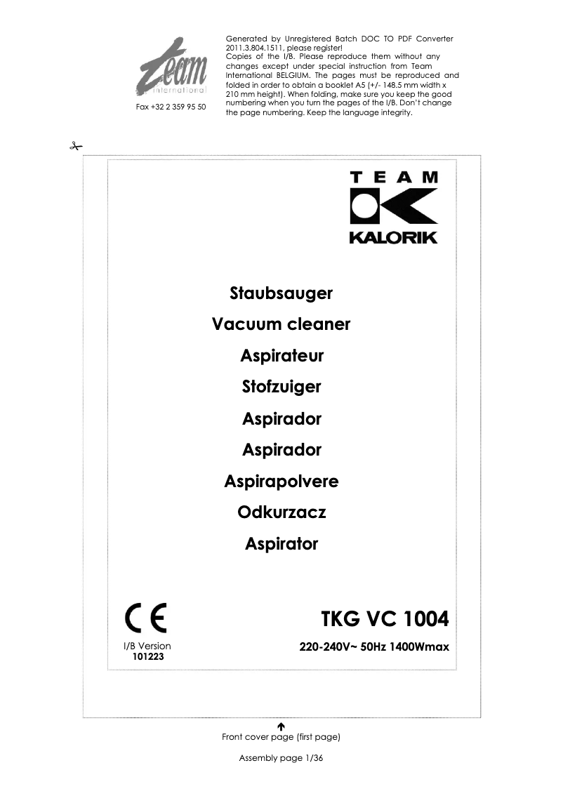 First page image of the manual for TKG VC 1004