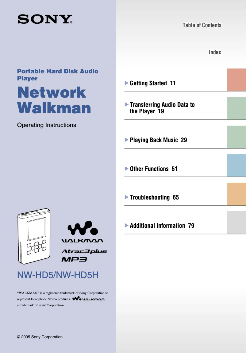 First page image of the manual for Walkman NW-HD5