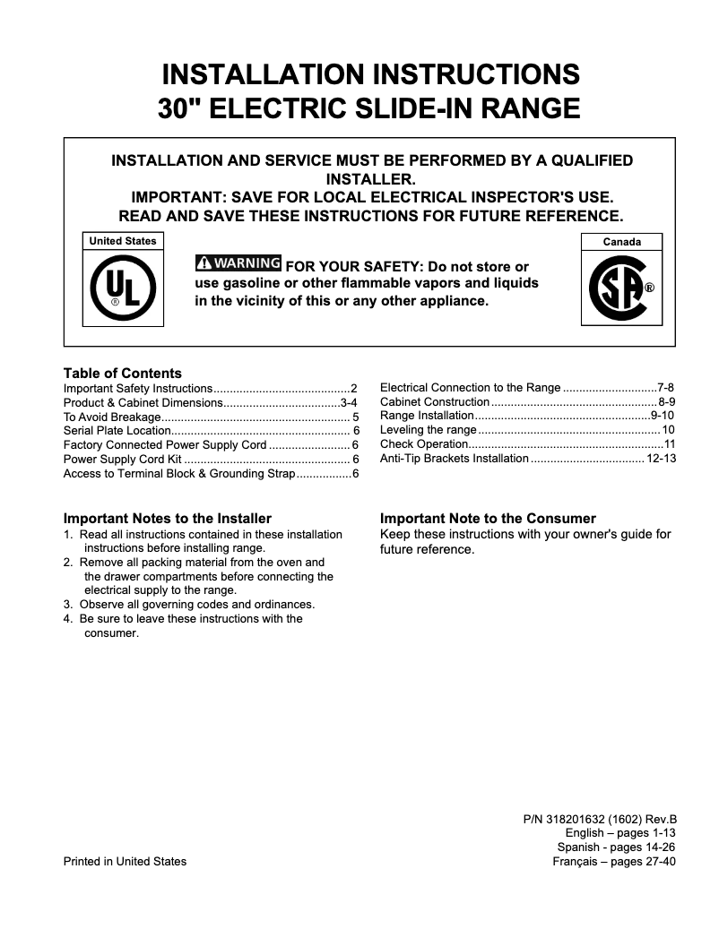 Page 1 of the manual User Manual Frigidaire FGES3065PB