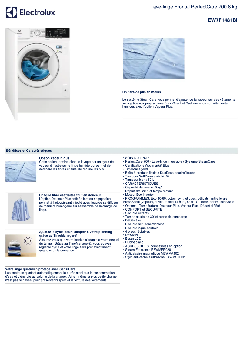 Page 1 of the manual Technical Sheet Electrolux EW7F1481BI