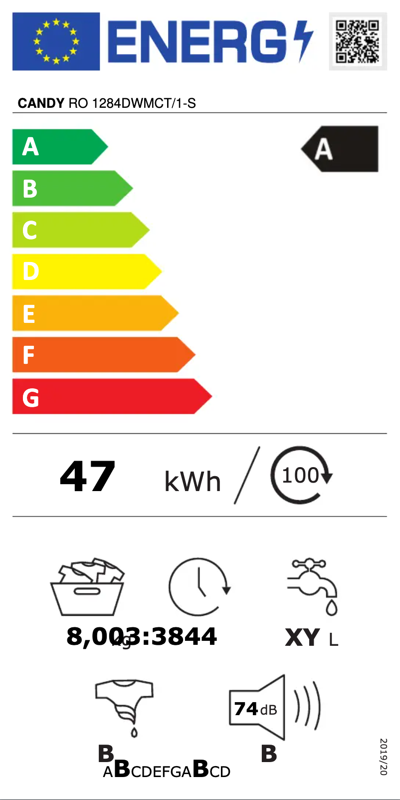 Page 1 of the manual Energy Label Candy RO 1284DWMCT/1-S