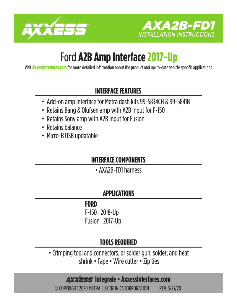 First page image of the manual for AXA2B-FD1