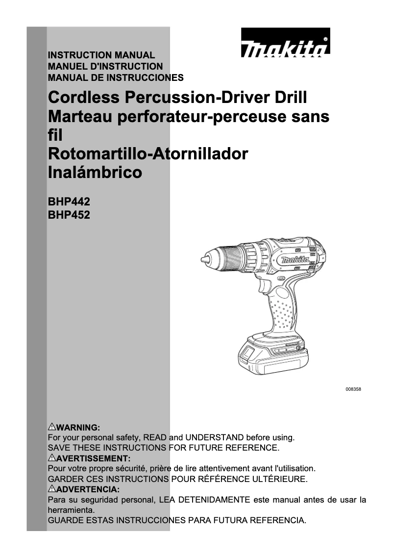 Page 1 of the manual Use and Maintenance Manual Makita BHP452