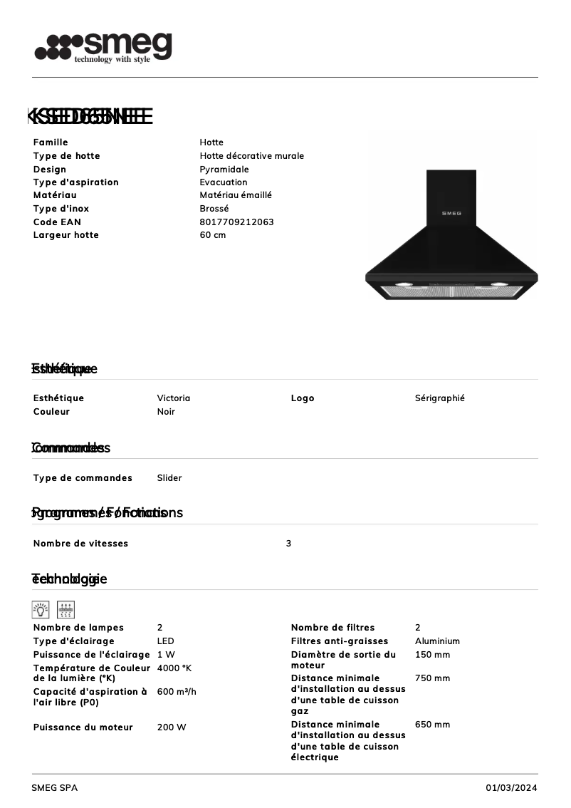 Page 1 of the manual Technical Sheet Smeg KSED65NEE