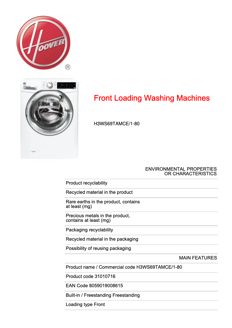 Page 1 of the manual Technical Sheet Hoover H-WASH 300 PLUS H3WS69TAMCE/1-80