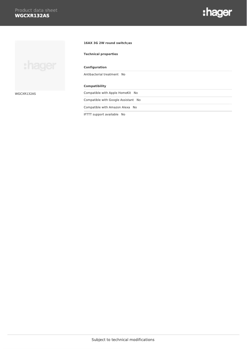 Page 1 of the manual Technical Sheet Hager WGCXR132AS